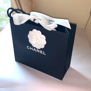 Chanel Gift Paper Shopping Bag in black with White Camellia Flower and Ribbon